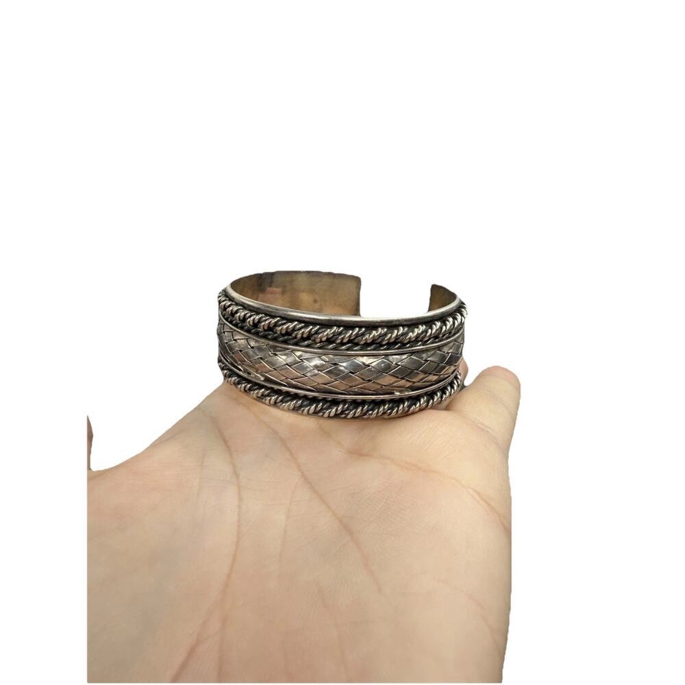Sterling Silver Basket Weave Cuff Bangle Bracelet Vintage Style 64‎ Grams